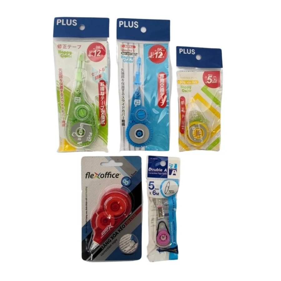 Năm vỉ bút xóa kéo băng khô Plus, FlexOffice và Double A còn nguyên bao bì bán lẻ