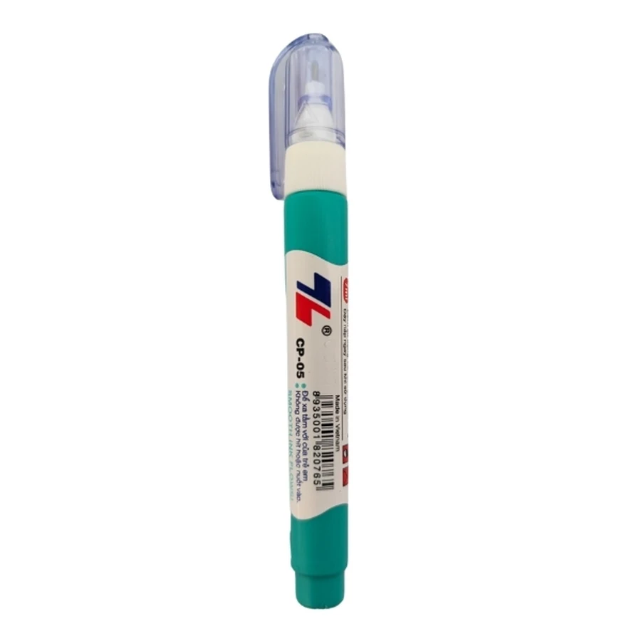 Bút xóa nước Thiên Long thân thon gọn với đầu ngòi kim loại nhỏ đặt trên mặt bàn