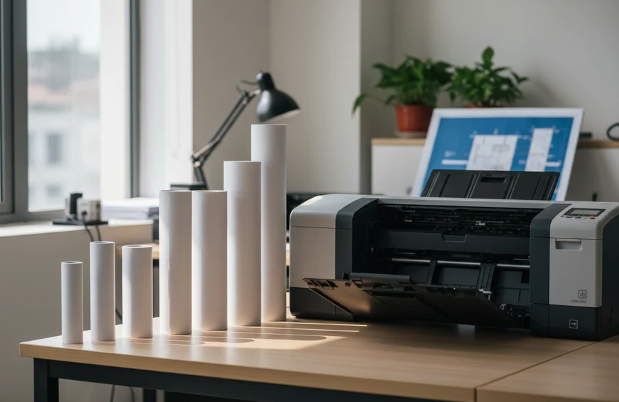 Các cuộn giấy in plotter nhiều khổ rộng khác nhau dựng cạnh máy in khổ lớn
