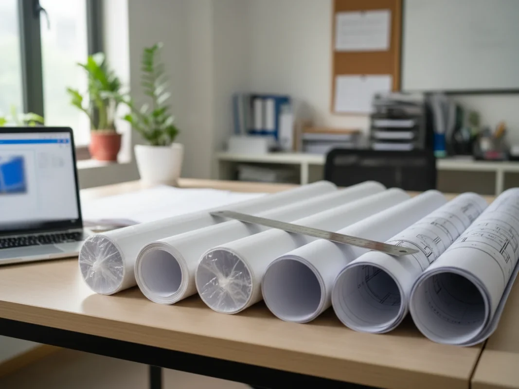 Các cuộn giấy in plotter nằm trên bàn cạnh bản vẽ kiến trúc và máy tính xách tay