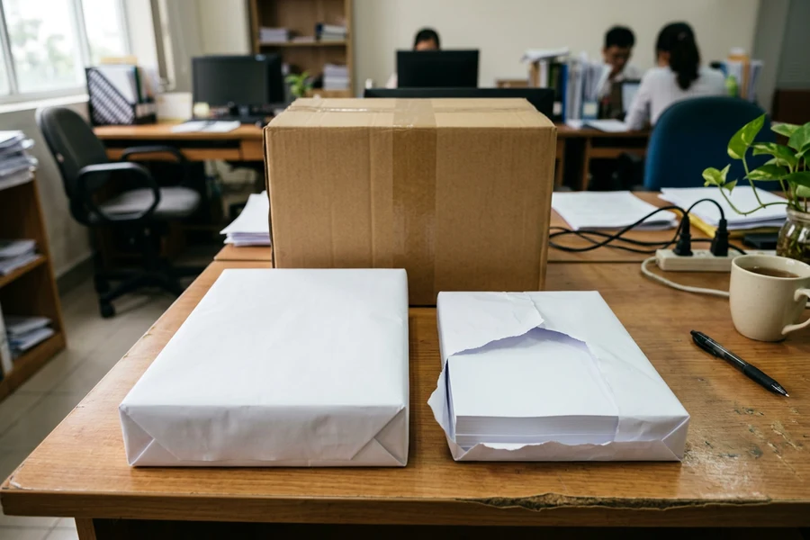 Các phân loại ram giấy A-One A4 và A5 cùng thùng carton 5 ram xếp ngay ngắn trên bàn làm việc văn phòng