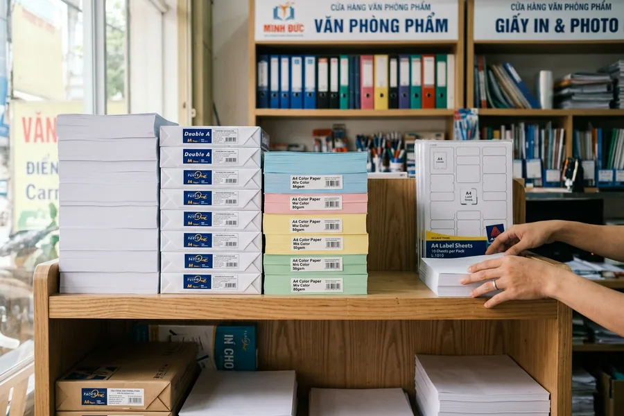 Giấy in trắng, giấy màu và giấy decal khổ A4 xếp ngăn nắp trên kệ văn phòng