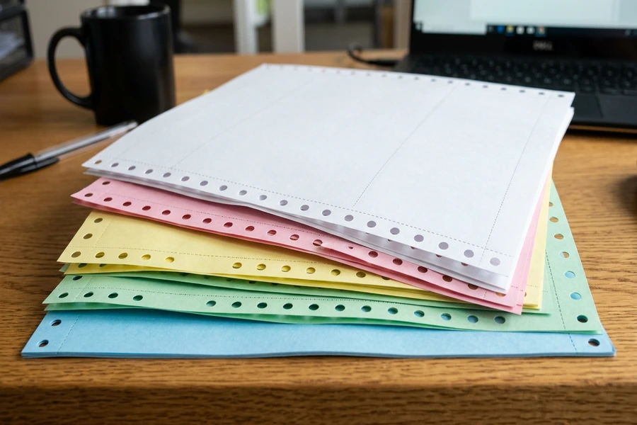 Các liên màu trắng hồng vàng xanh của giấy in liên tục carbonless xếp chồng trên bàn làm việc