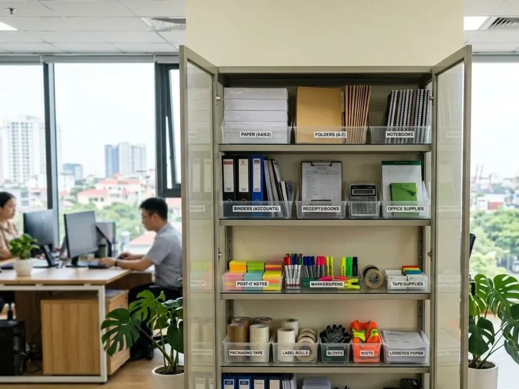 Tủ lưu trữ vật tư sắp xếp khoa học các nhóm văn phòng phẩm đa dạng tại văn phòng công ty