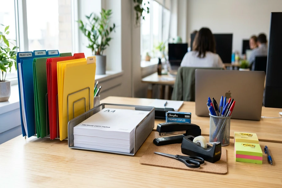 Các nhóm vật tư văn phòng phẩm gồm khay giấy in A4, kệ đứng đựng bìa tài liệu nhiều màu, dập ghim, kéo và băng keo