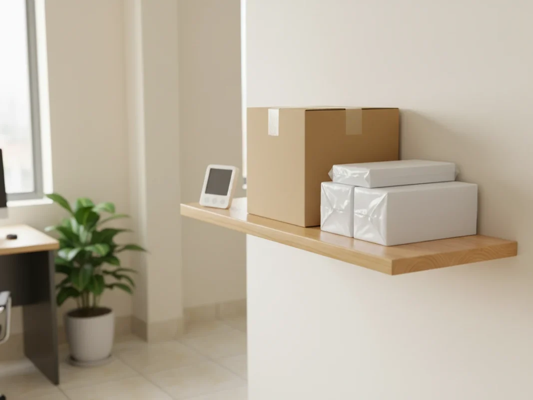 Thùng giấy và ram giấy A4 bọc kín đặt trên kệ gỗ khô ráo kèm nhiệt ẩm kế