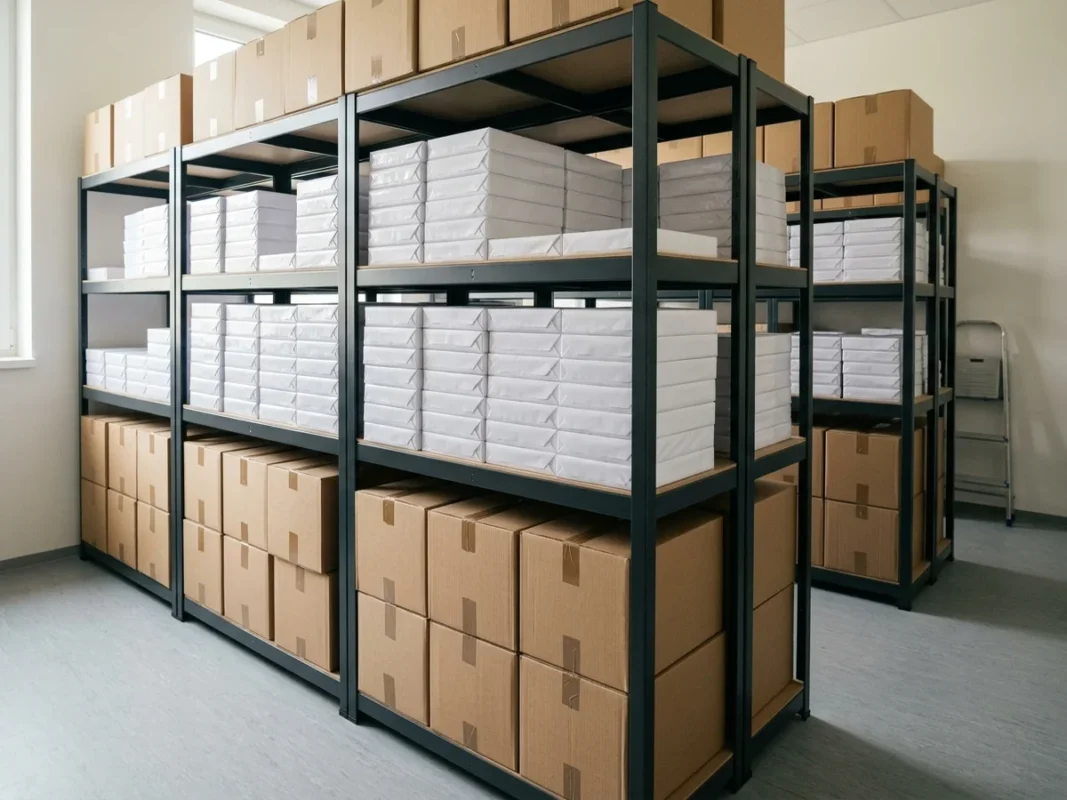 Các ram giấy in và thùng giấy carton được xếp gọn gàng trên kệ sắt kho văn phòng khô thoáng để chống ẩm và chống ố vàng