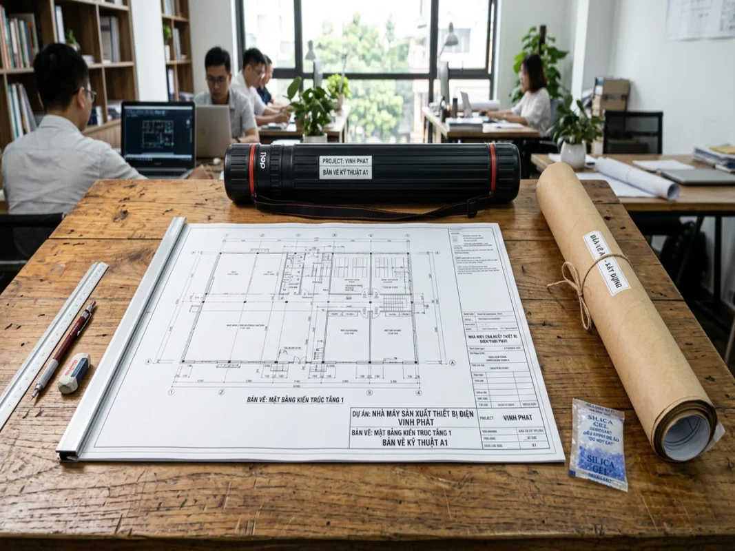 Bản vẽ kỹ thuật A1 trải phẳng kẹp nẹp nhôm cùng ống nhựa đựng bản vẽ và cuộn giấy bọc kraft trên bàn làm việc