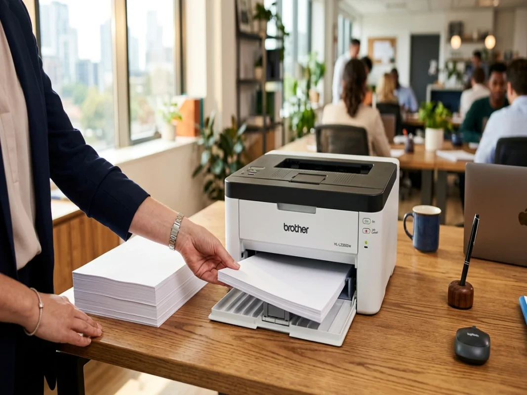 Xấp giấy in A4 phẳng phiu khô ráo trên bàn làm việc cạnh máy in văn phòng, minh họa cách giữ giấy in khô để tránh kẹt giấy.