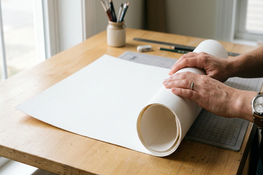 Thao tác dùng hai tay cuộn lỏng tờ giấy Roki A0 màu trắng trên bàn gỗ sạch với đường kính lớn để bảo vệ thớ giấy
