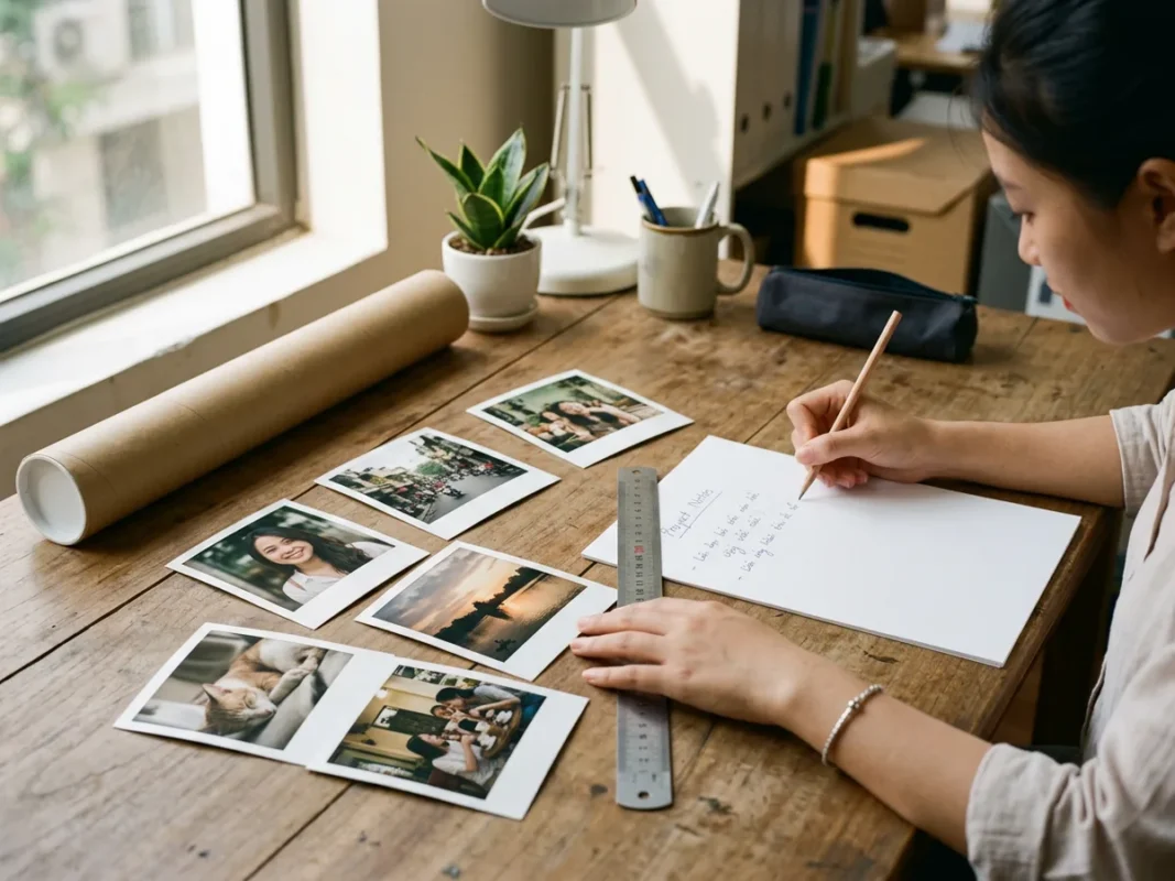 Các tấm ảnh vuông phong cách Instagram viền trắng Polaroid được in sắc nét trên bàn làm việc bên cạnh tờ giấy A4 và thước kẻ