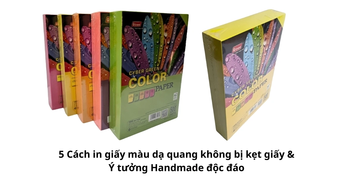 Thao tác nạp giấy màu dạ quang vào khay in để chống kẹt giấy và xấp giấy màu dạ quang nhiều màu trên bàn làm việc