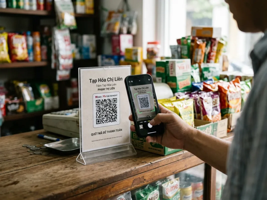 Mã QR thanh toán in giấy trong kệ mica trên quầy, điện thoại đang quét