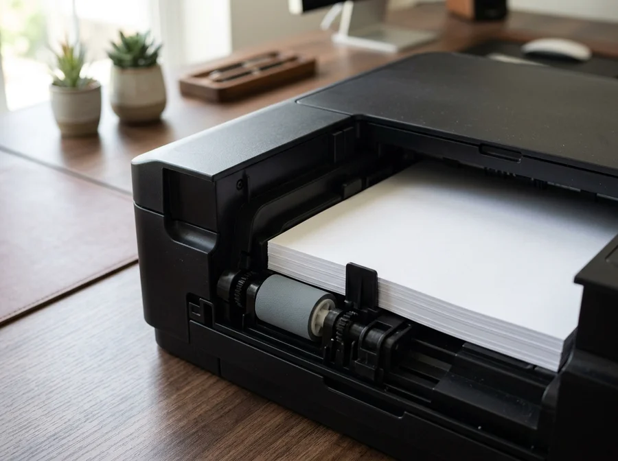 Khay nạp giấy đứng phía sau của máy in phun Epson với quả đào cao su kéo giấy và thanh cữ căn lề