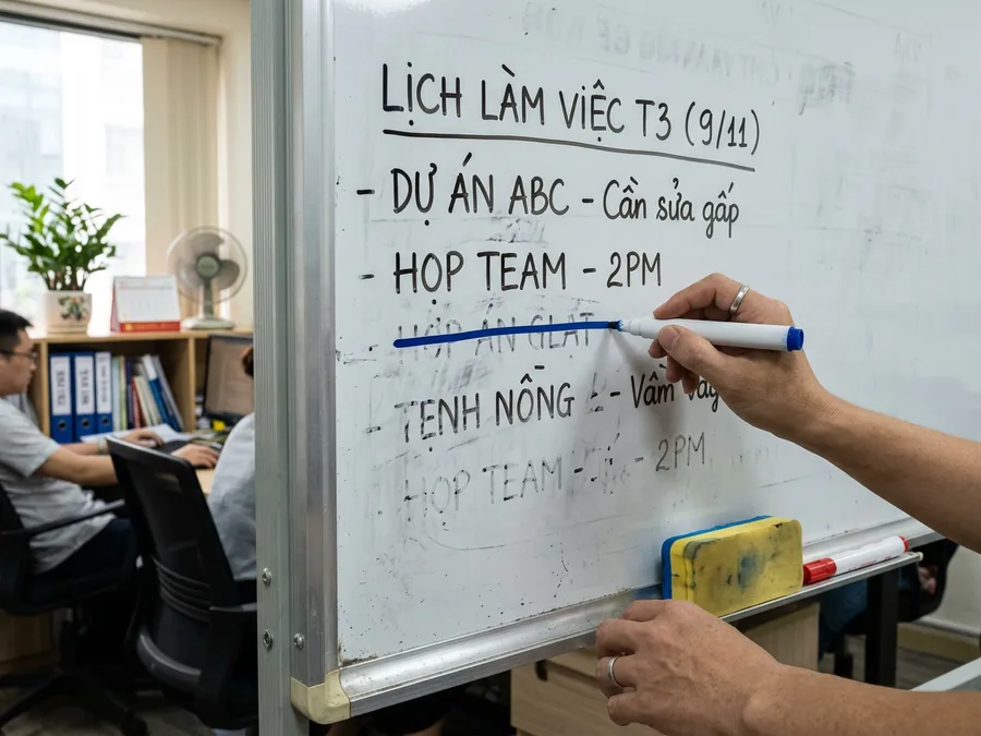 Thao tác dùng bút lông bảng tô đè lên vết mực bút lông dầu để hòa tan và lau sạch trên bảng từ