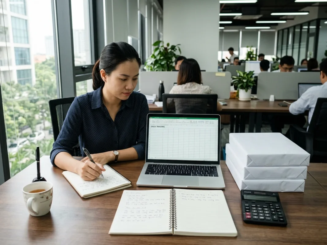 Nhân viên văn phòng ghi chép lượng giấy A4 dùng hàng tháng bên cạnh các ram giấy và máy tính