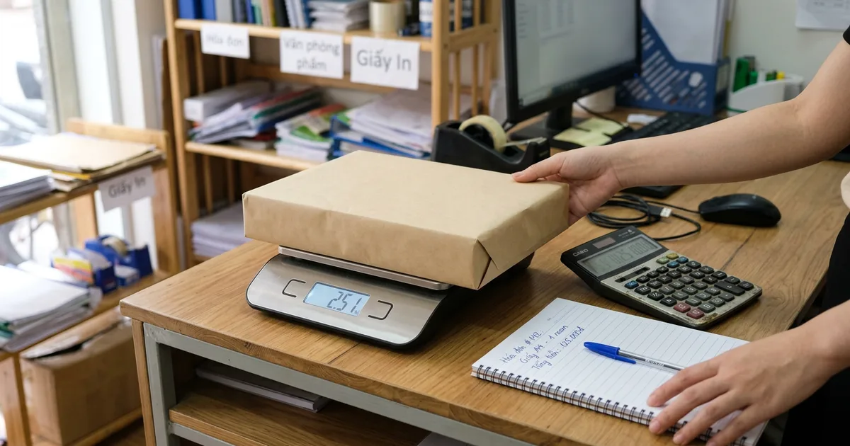 Ram giấy A4 đặt trên cân điện tử cạnh máy tính và sổ ghi chép