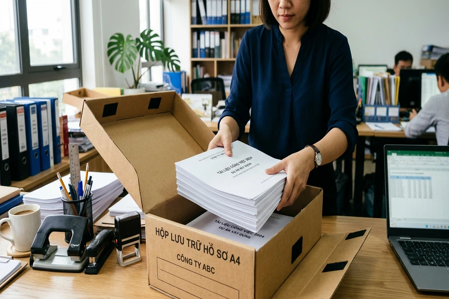 Xếp các tập tài liệu giấy A4 phẳng phiu vào lòng bìa hộp giấy trước khi gập nắp khóa dán