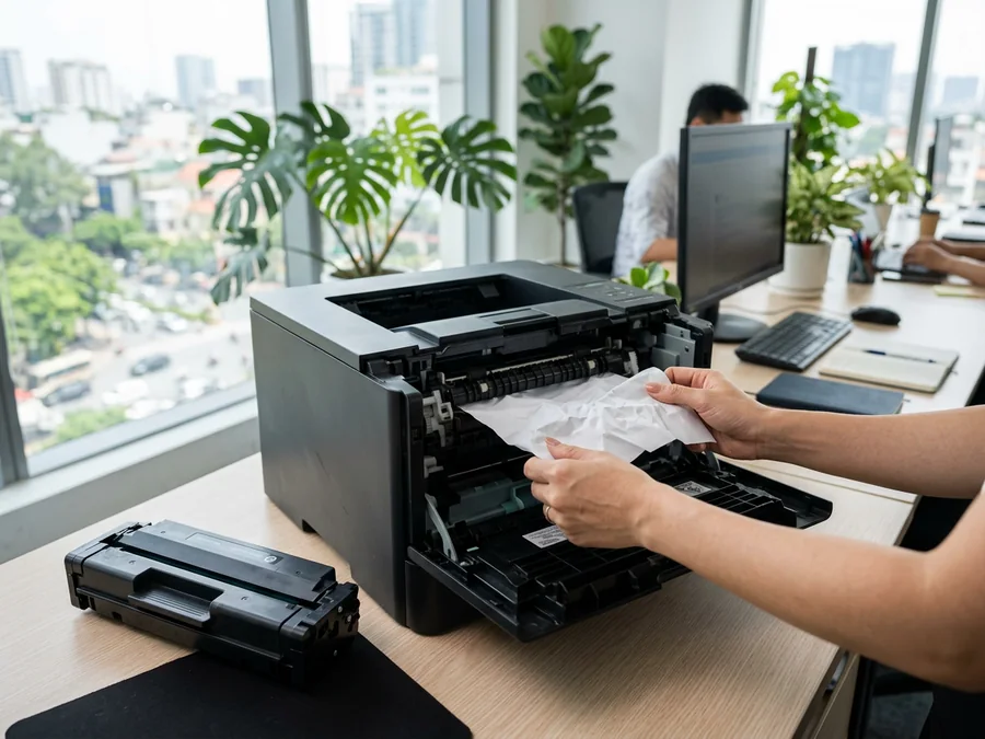 Hai tay rút tờ giấy kẹt ra khỏi máy in laser đã mở nắp, hộp mực được đặt riêng trên bàn