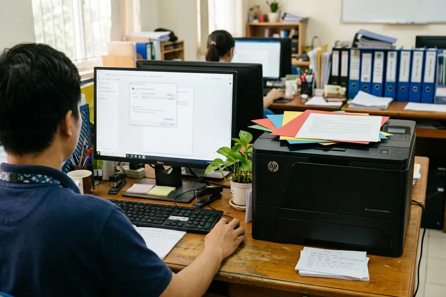 Chỉnh loại giấy trong cửa sổ cài đặt máy in trước khi in giấy bìa