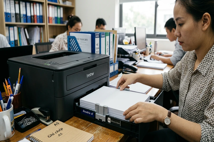 Nạp xấp giấy in A4 khô ráo vào khay máy in và căn chỉnh hai thanh cữ giữ giấy vừa vặn sát hai bên mép