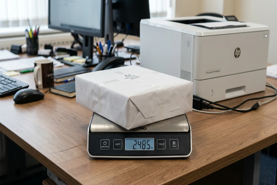 Đặt ram giấy in A4 lên cân điện tử để kiểm tra khối lượng và đối chiếu định lượng chuẩn