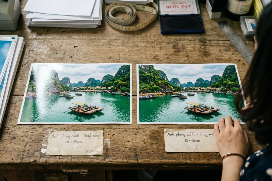 Cùng một ảnh phong cảnh in trên giấy bóng và giấy mờ đặt cạnh nhau