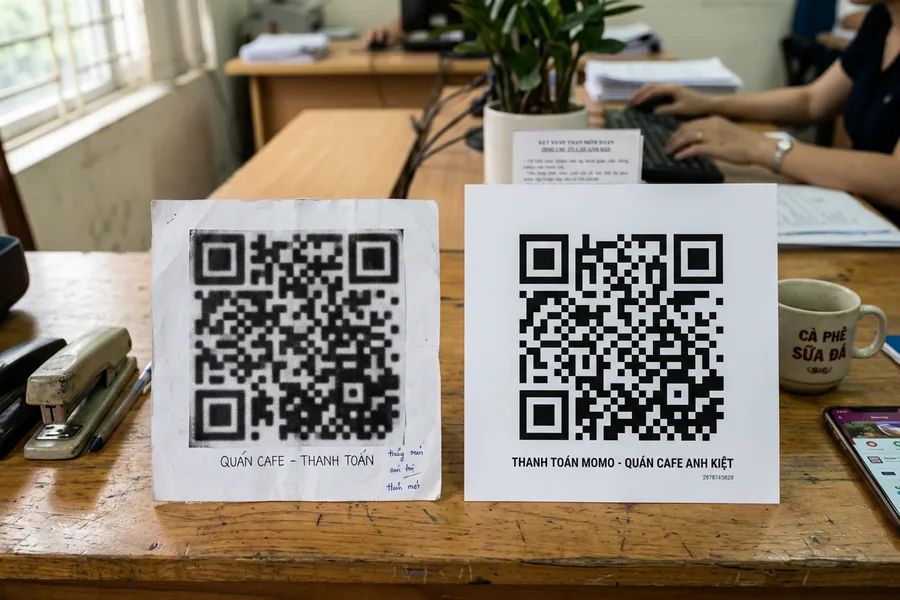 Mã QR in nhòe, sát mép giấy (trái) và mã QR in nét, có viền trắng rộng (phải)