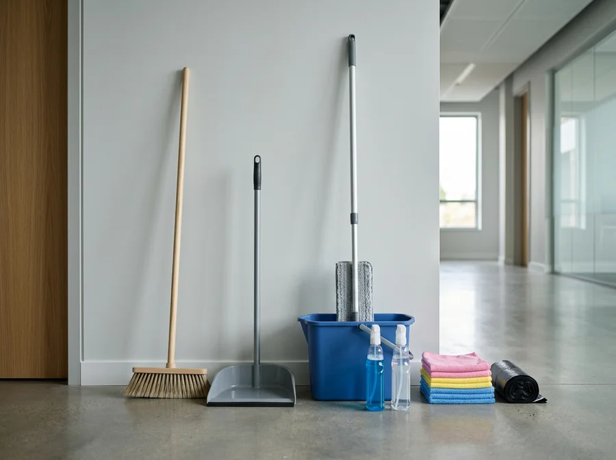Chổi, ky hốt rác, cây lau nhà trong xô, bình xịt, khăn lau nhiều màu và cuộn túi rác xếp sát tường hành lang văn phòng
