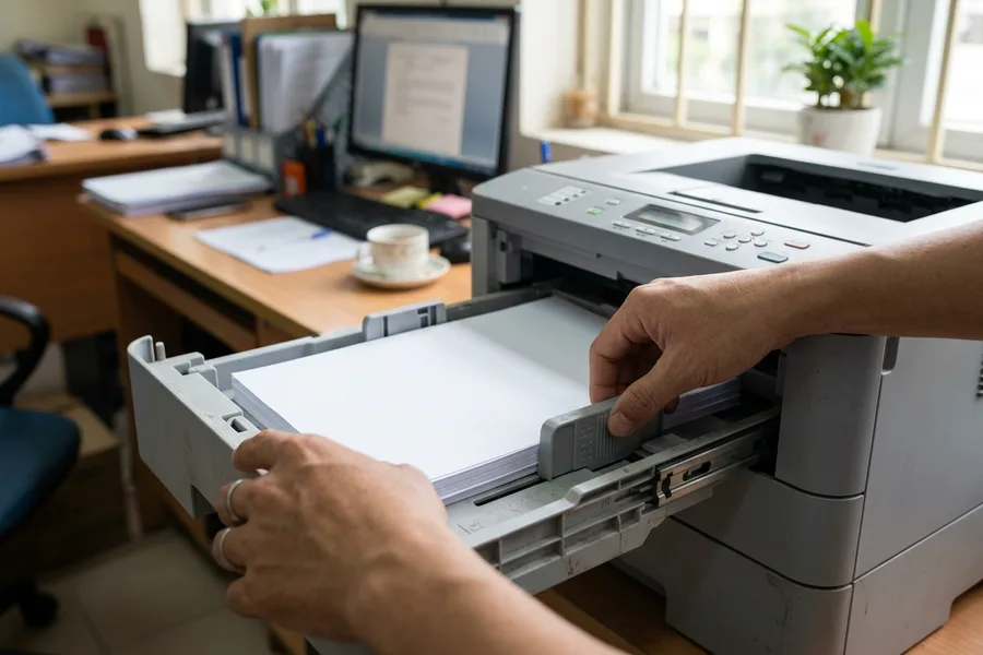 Thao tác căn chỉnh khay nạp giấy A4 máy in laser với cần gạt căn lề Paper Guides ôm sát mép giấy