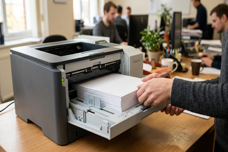 Thao tác nạp tệp giấy A4 trắng phẳng phiu vào khay nạp của máy in văn phòng