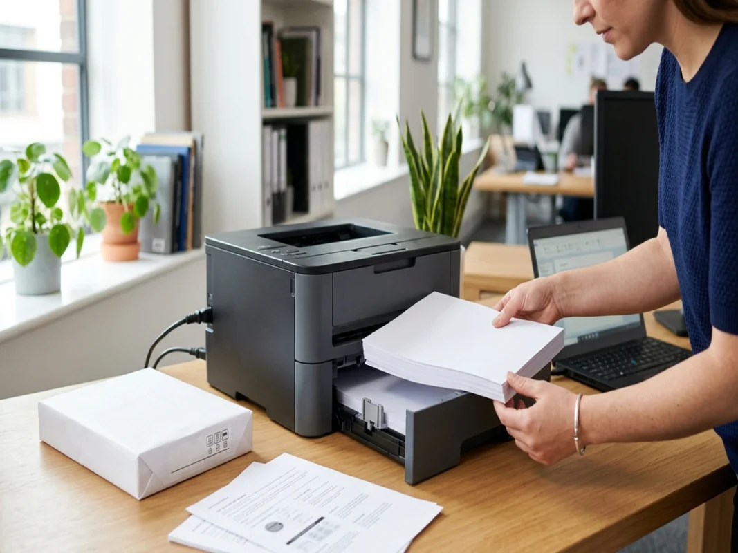 Nhân viên văn phòng nạp xấp giấy in A4 phẳng phiu vào khay máy in để bàn