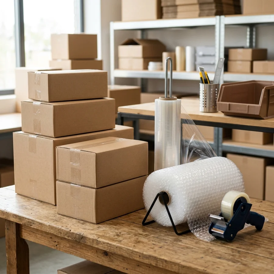 Trạm chuẩn bị vật tư đóng gói hàng hóa tiêu chuẩn gồm thùng carton, màng PE bọc quấn và dao cắt băng keo