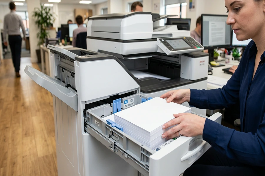 Nhân viên văn phòng mở khay nạp giấy của máy photocopy văn phòng lớn và đặt xấp giấy in trắng phẳng vào khay chứa