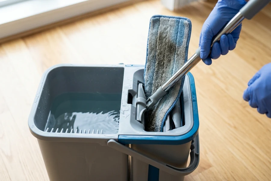 Thao tác đưa cây lau nhà vào khe ép vắt ráo nước của thùng 2 ngăn không chạm tay bẩn