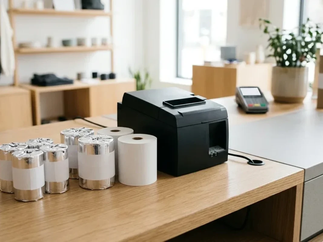 Cuộn giấy in bill cảm nhiệt K80 và K57 bọc giấy bạc chống ẩm cùng thiết bị in biên lai quầy thu ngân
