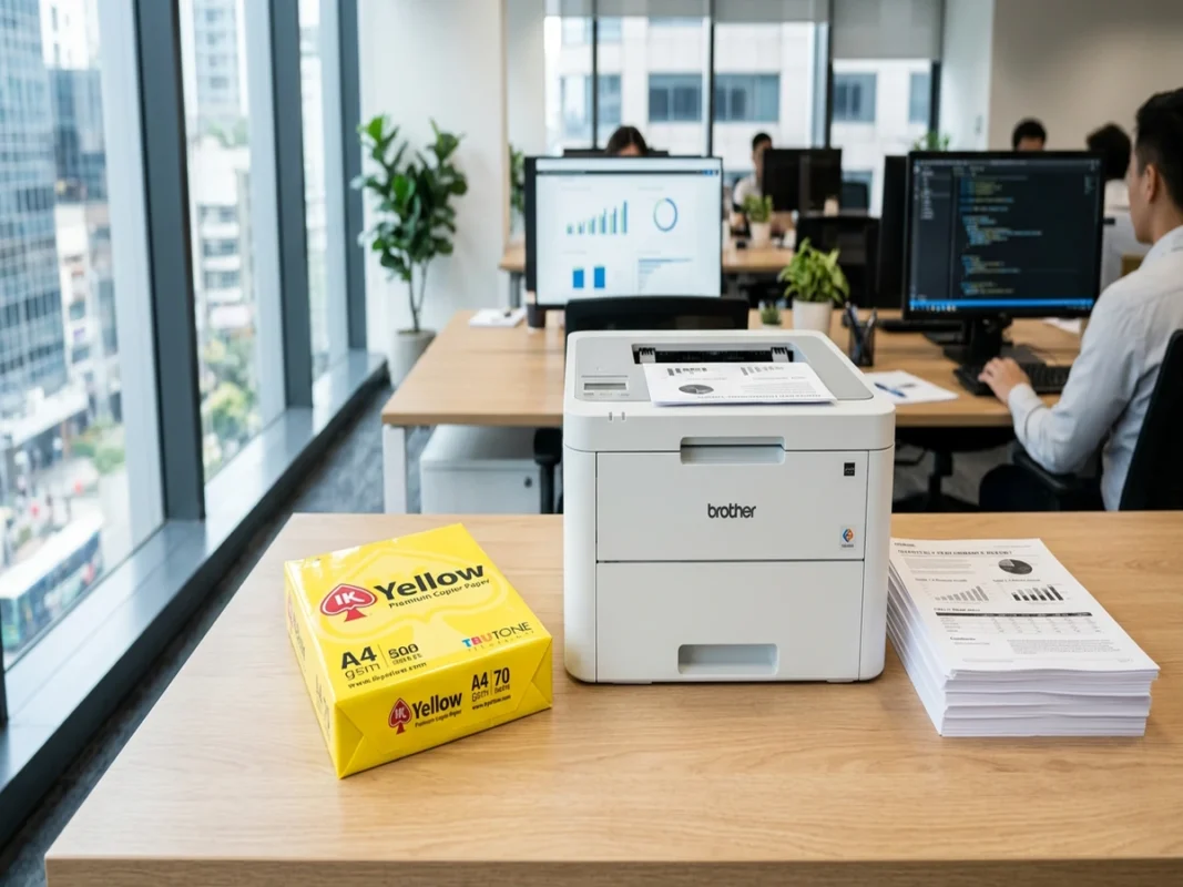 Xấp tài liệu in 2 mặt rõ nét đặt cạnh máy in laser văn phòng và ram giấy IK Yellow A4 70gsm trên bàn làm việc
