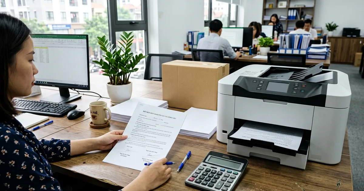 Góc làm việc có máy in văn phòng, máy tính để bàn và biên bản bàn giao thiết bị