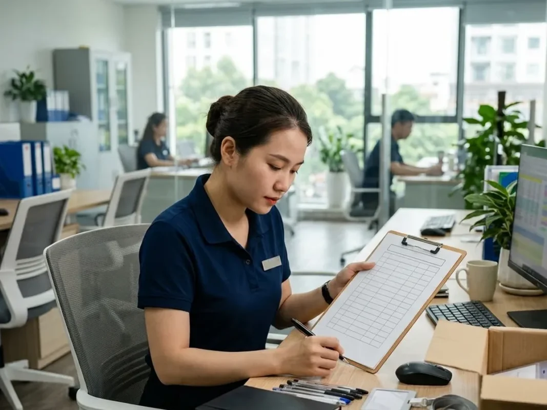 Nhân viên kiểm tra danh mục vật tư và bảng giá chuẩn bị cho kế hoạch mở cửa hàng văn phòng phẩm