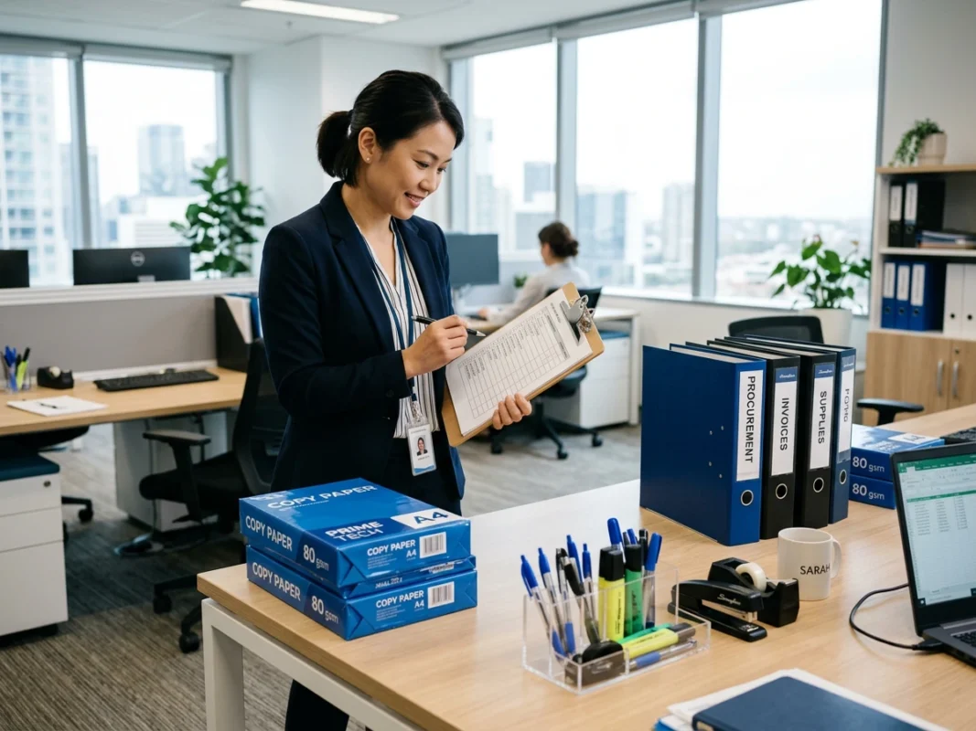 Nhân viên hành chính đối chiếu danh mục văn phòng phẩm và vật tư trên bàn làm việc