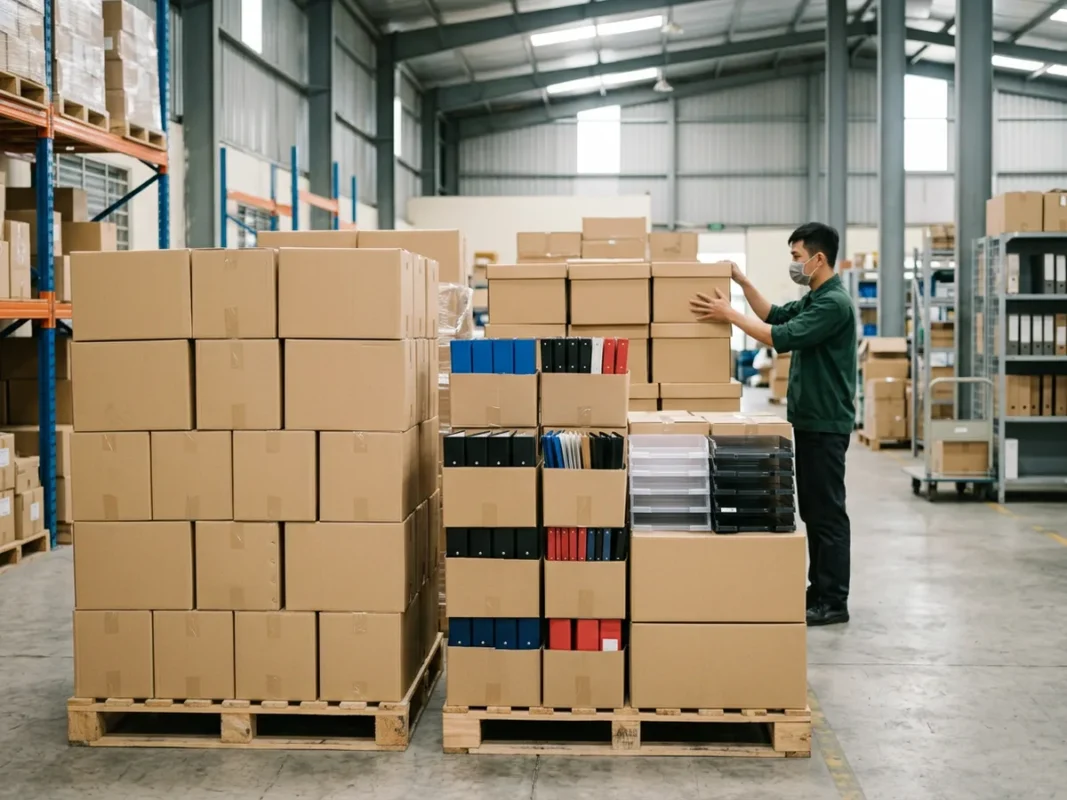 Các thùng carton và kiện hàng văn phòng phẩm gồm giấy in, bìa còng và khay kệ được sắp xếp ngay ngắn tại kho hàng chuẩn bị giao cho doanh nghiệp