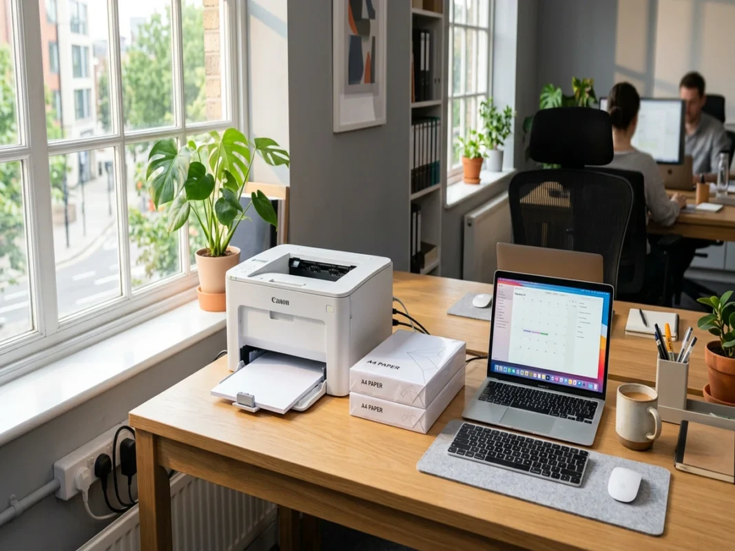 Xấp giấy in A4 Idea trên bàn làm việc văn phòng cạnh máy in laser nhỏ