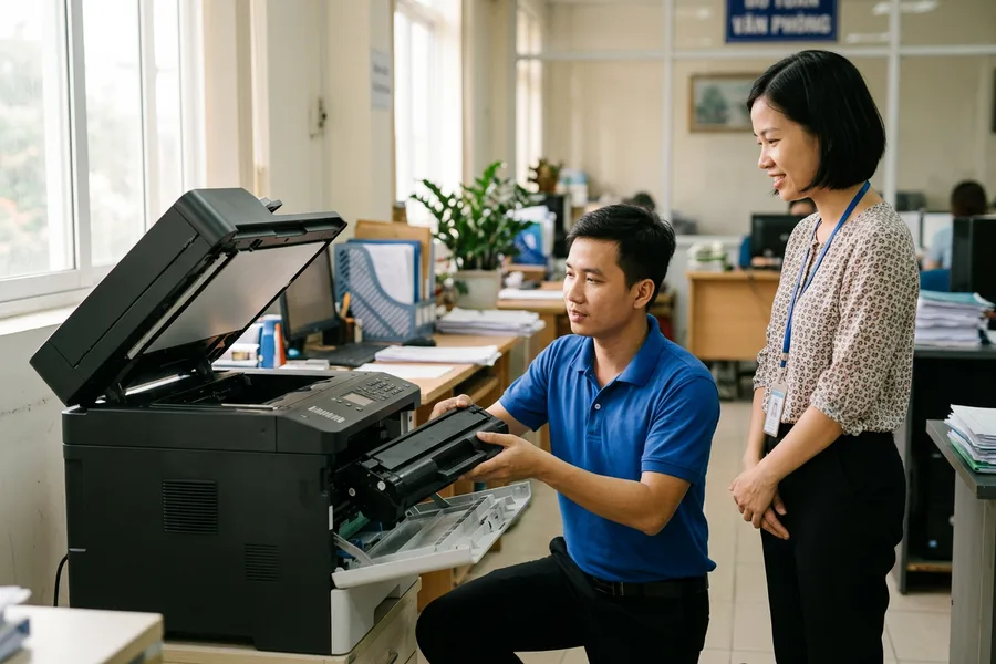 Kỹ thuật viên mở máy in laser kiểm tra hộp mực và trao đổi với nhân viên văn phòng
