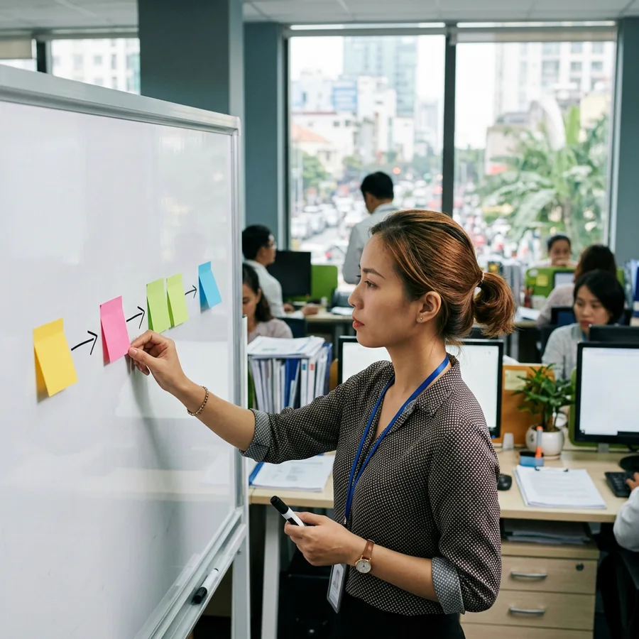 Chuyên viên mua hàng sắp các thẻ ghi chú theo từng bước quy trình mua sắm văn phòng phẩm trên bảng trắng