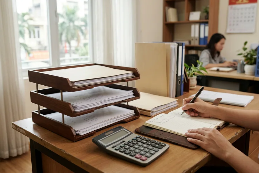 Bàn làm việc với máy tính để bàn, sổ tay da và khay tài liệu