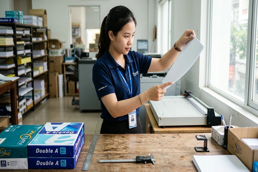 Thao tác kiểm tra độ đanh cứng và mép cắt phẳng không bụi của tờ giấy in A4 chất lượng cao