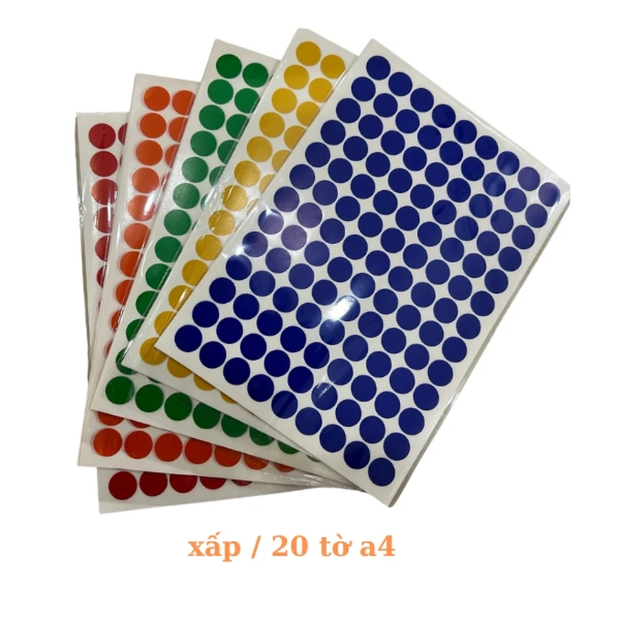 Xấp giấy decal A4 tem tròn bế sẵn nhiều màu sắc đỏ vàng xanh dùng phân loại kho