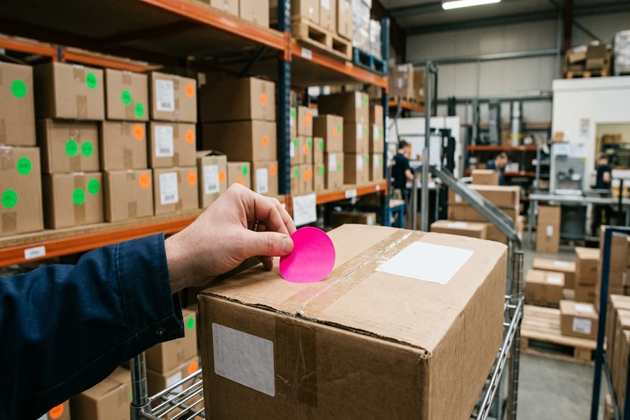 Dán tem tròn màu lên thùng carton để phân loại hàng hóa trong kho