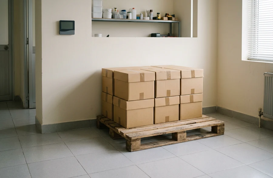 Thùng giấy in A4 xếp trên pallet gỗ cách sàn gạch trong phòng kho khô thoáng