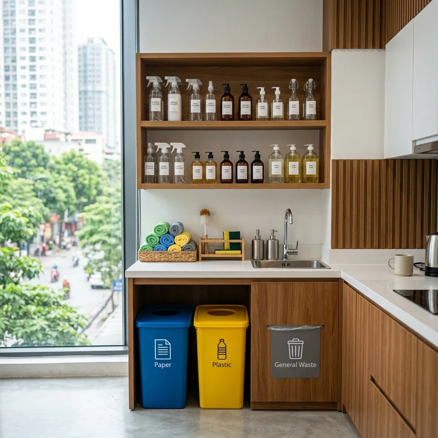 Khu vực vệ sinh và pantry văn phòng sắp xếp ngăn nắp với thùng rác phân loại và vật tư tiêu hao